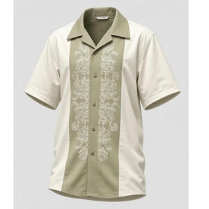 NWT Pronti Men's Size Large Beige Embroidered‎ Short Sleeve Button-Up Shirt